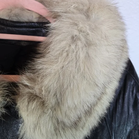 Vtg 60s Black Leather Fur Collar Cuffs Penny Lane Coat - Picture 3 of 13